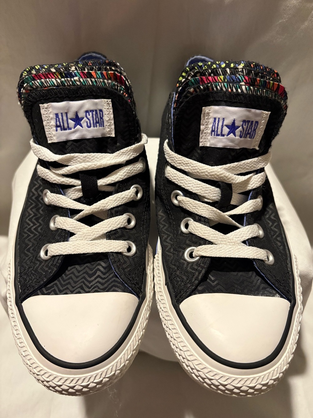 Converse, Low-tops, black chevron with multicolor tongues, US size 8 M/ 10 W